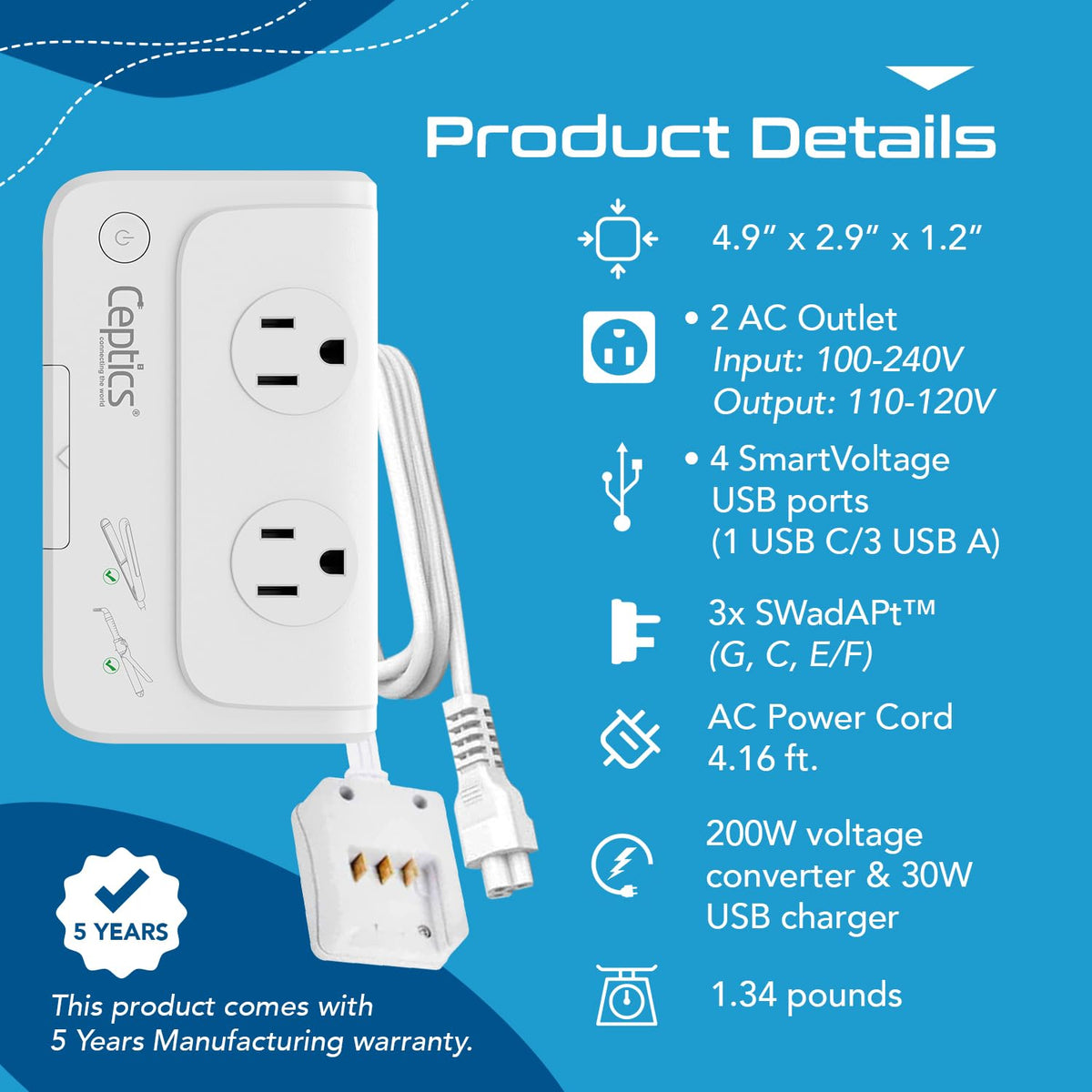 Ceptics powering a curling iron in a hotel, enabling styling abroad safely