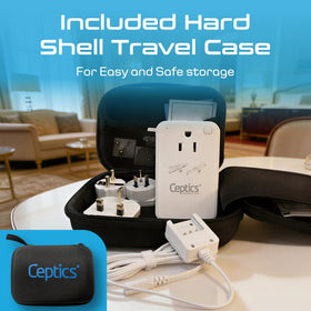 Ceptics powering a curling iron in a hotel room showing travel readiness