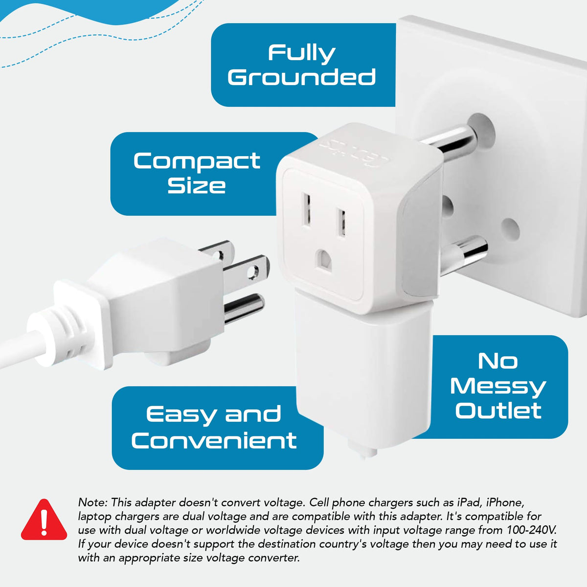 Ceptics plugged into South African hotel outlet demonstrating compatibility and safety