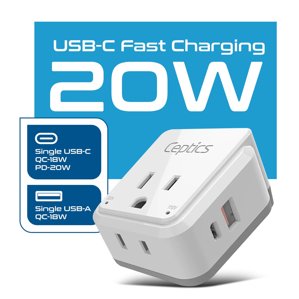 Ceptics dual US outlets enable simultaneous charging of two devices.