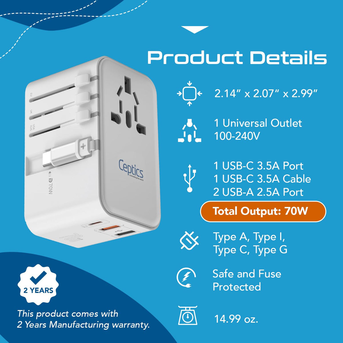 Ceptics adapter packed inside travel bag beside passport, convenient on-the-go charging