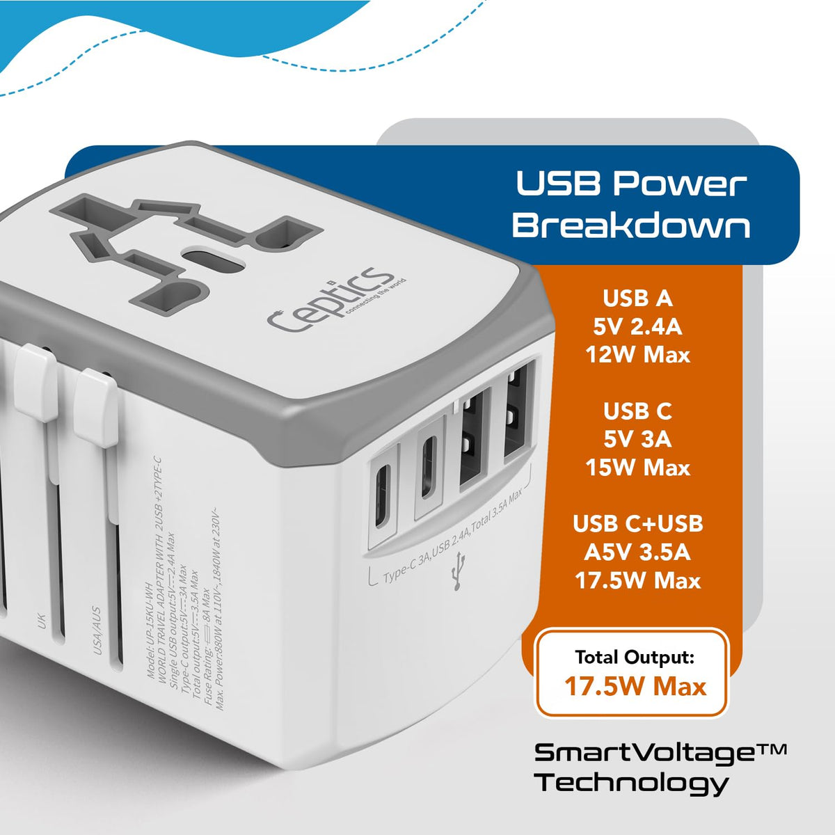 Ceptics lightweight travel adapter shown in a bag for portability