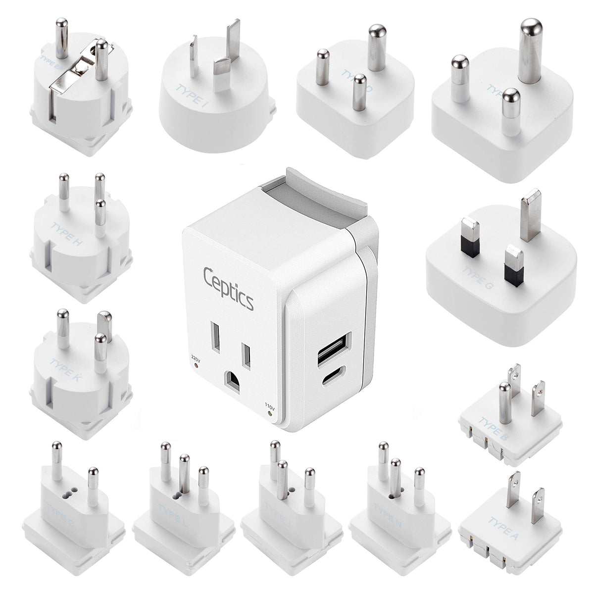 Ceptics adapter plugged into a European socket demonstrating compatibility