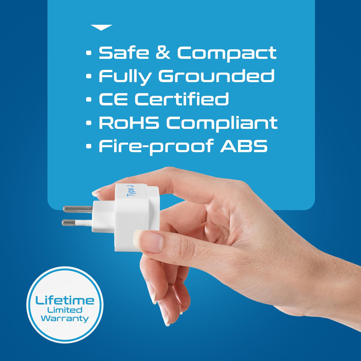 Ceptics adapter plugged into Swiss outlet demonstrating real-world use and reliable fit