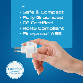 Ceptics adapter plugged into Swiss outlet demonstrating real-world use and reliable fit