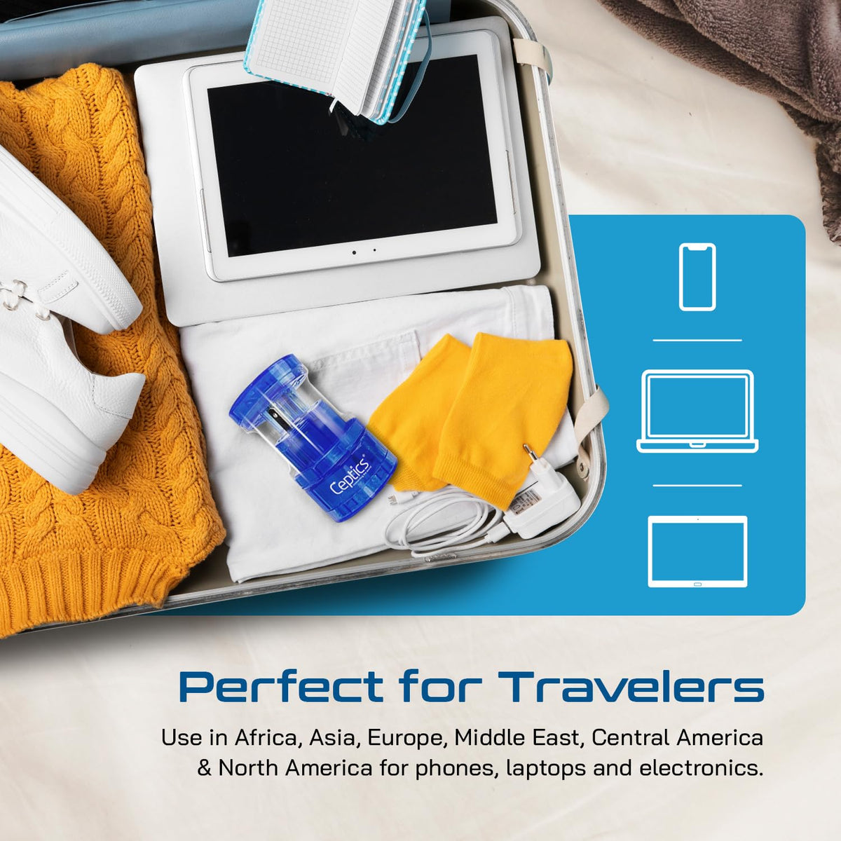 Ceptics adapter plugged into a UK Type G outlet, enabling device charging abroad