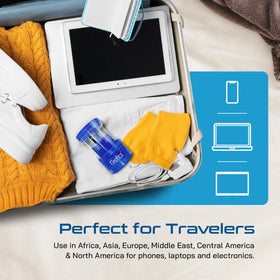 Ceptics adapter plugged into a UK Type G outlet, enabling device charging abroad