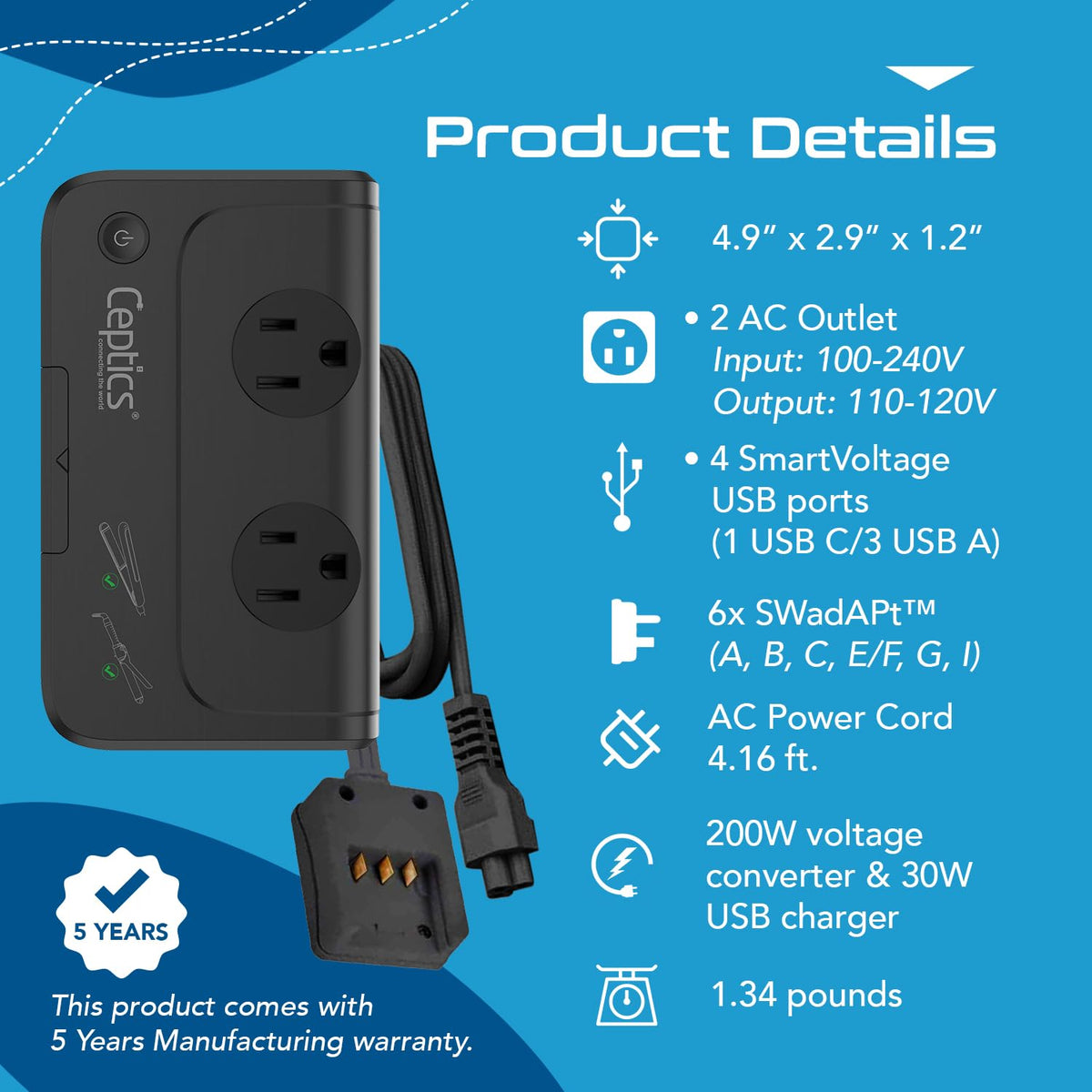 Ceptics plugged into wall outlet providing safe 110V output abroad