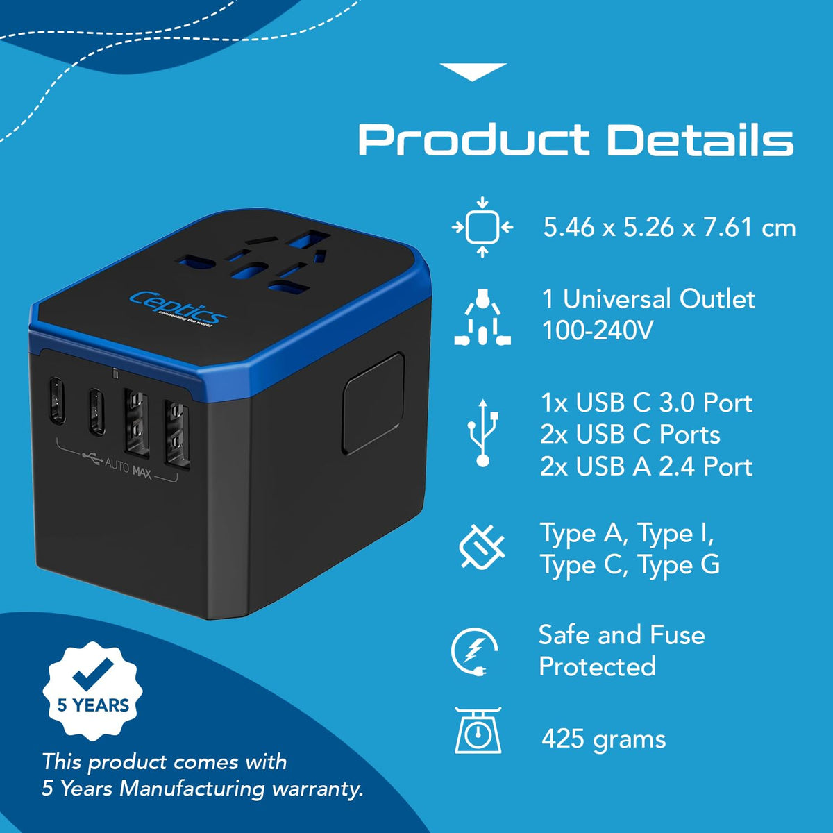 Ceptics adapter with Type A C G I plugs extended for global use