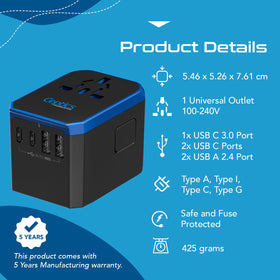 Ceptics adapter with Type A C G I plugs extended for global use