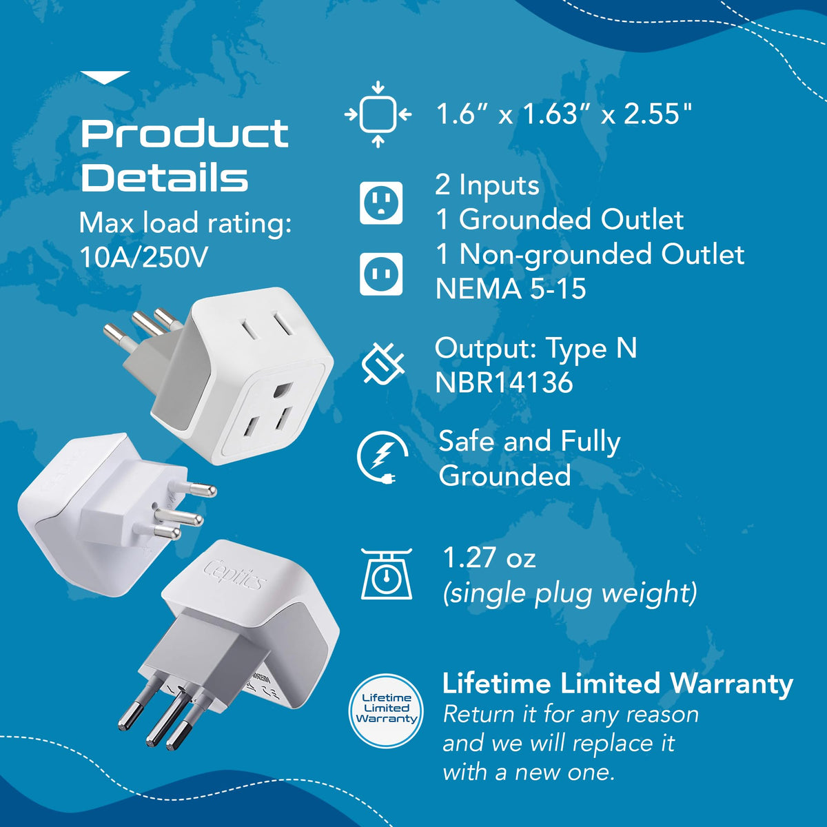 Ceptics safe grounded design ideal for charging phones and cameras.