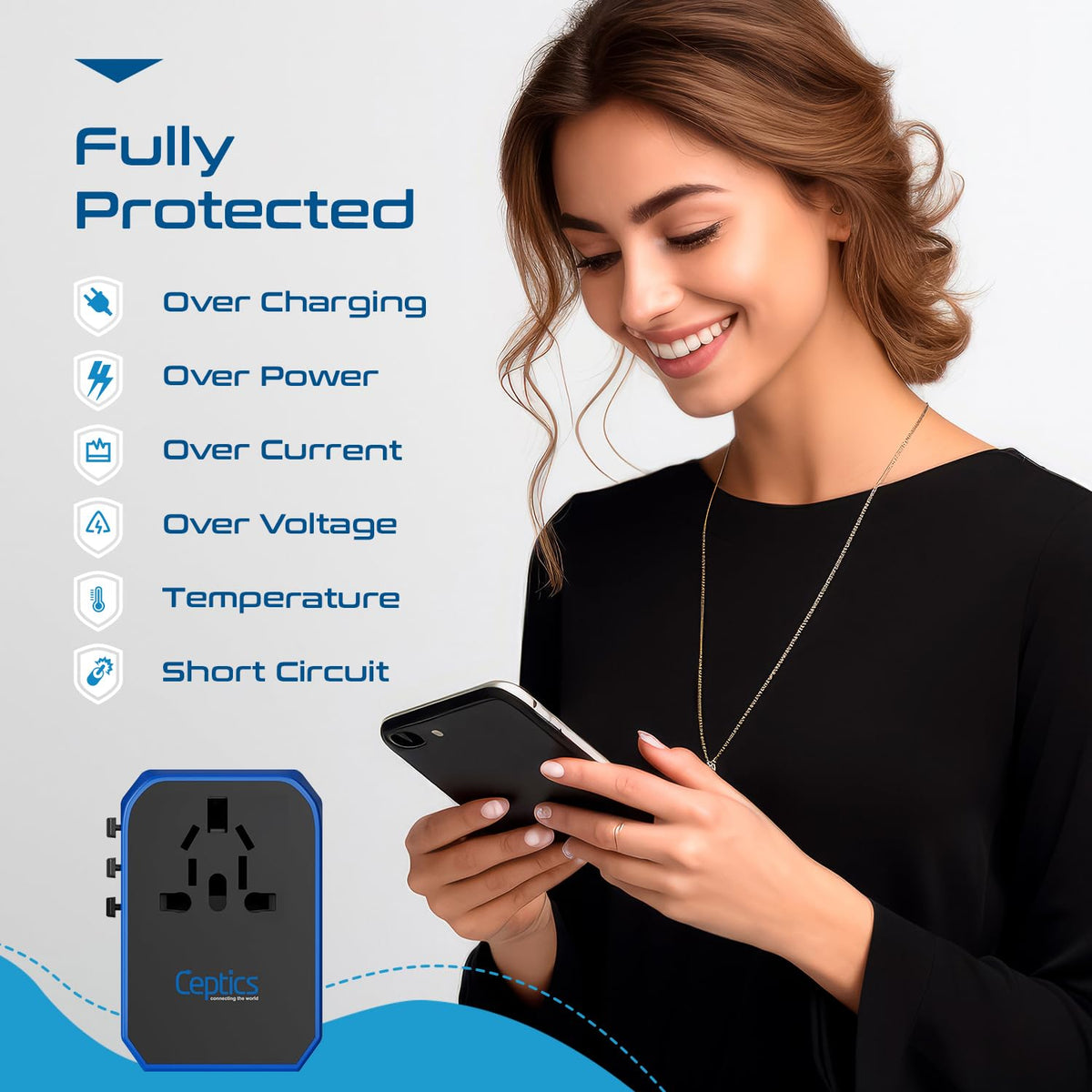 Ceptics internal fuse and child-safe shutter close-up for added protection