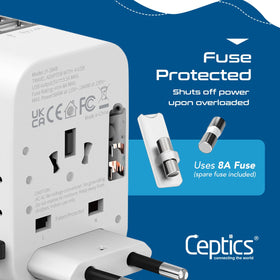 Ceptics side label with specifications and safety marks for traveler confidence
