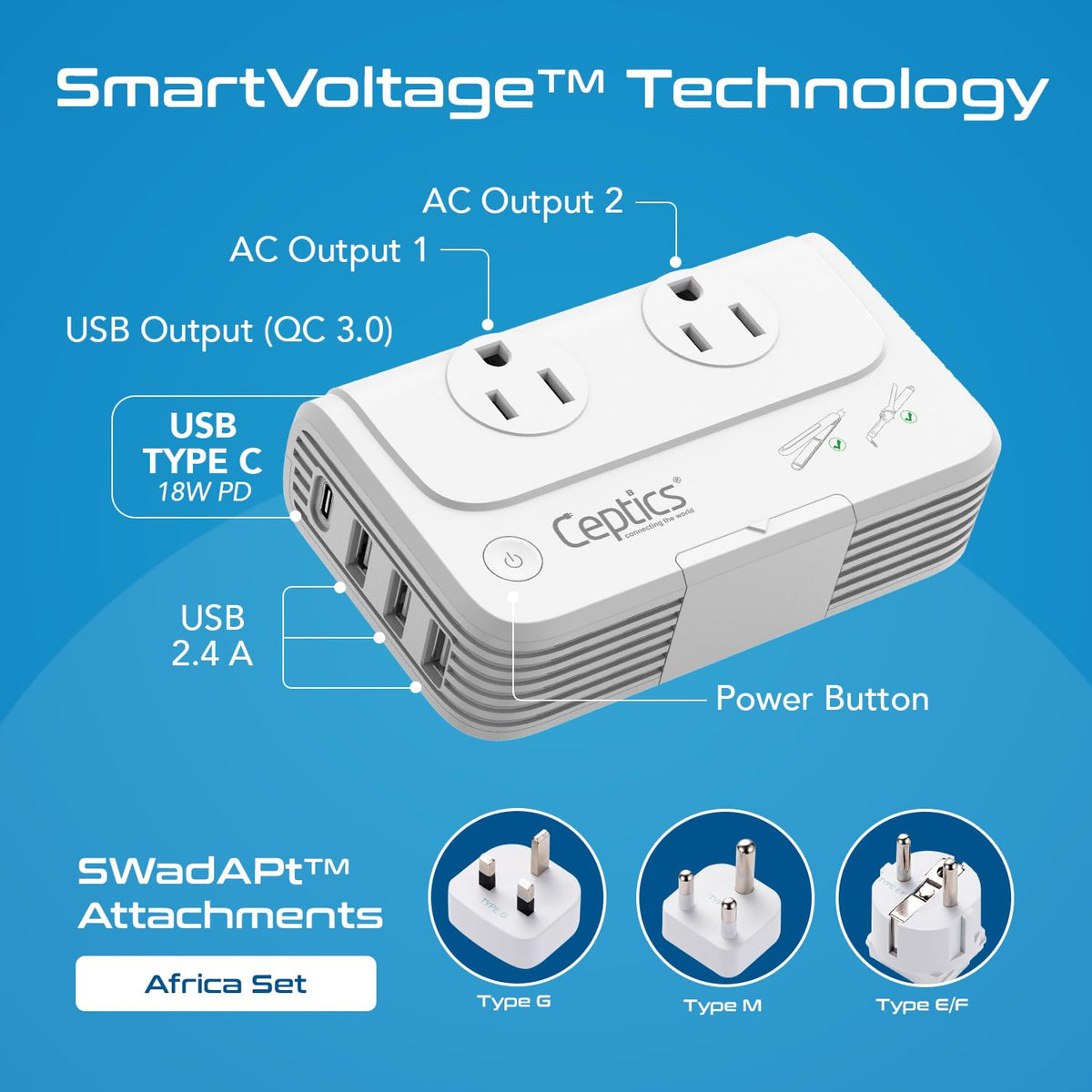 Ceptics close-up of side ports showing multi-device charging benefit