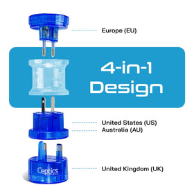 Ceptics adapter side profile displaying plug configurations, easy to switch between regions