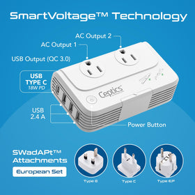 Ceptics side view showing two grounded US AC outlets for 110V appliances