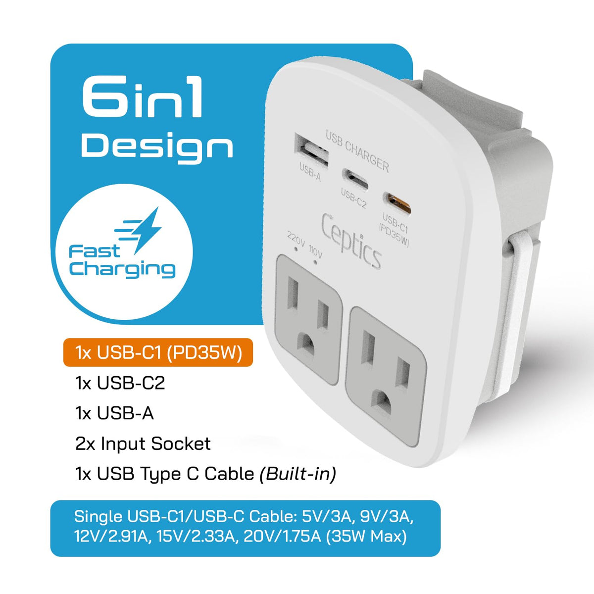 Ceptics side view with USB and AC ports providing compact travel convenience