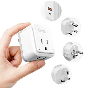 Ceptics South Africa travel adapter front view, compact design for easy packing.
