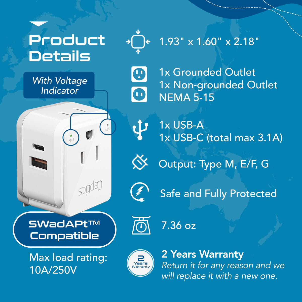Ceptics South Africa adapter with two USA outlets for simultaneous charging.