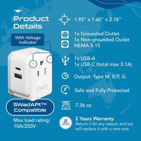 Ceptics South Africa adapter with two USA outlets for simultaneous charging.