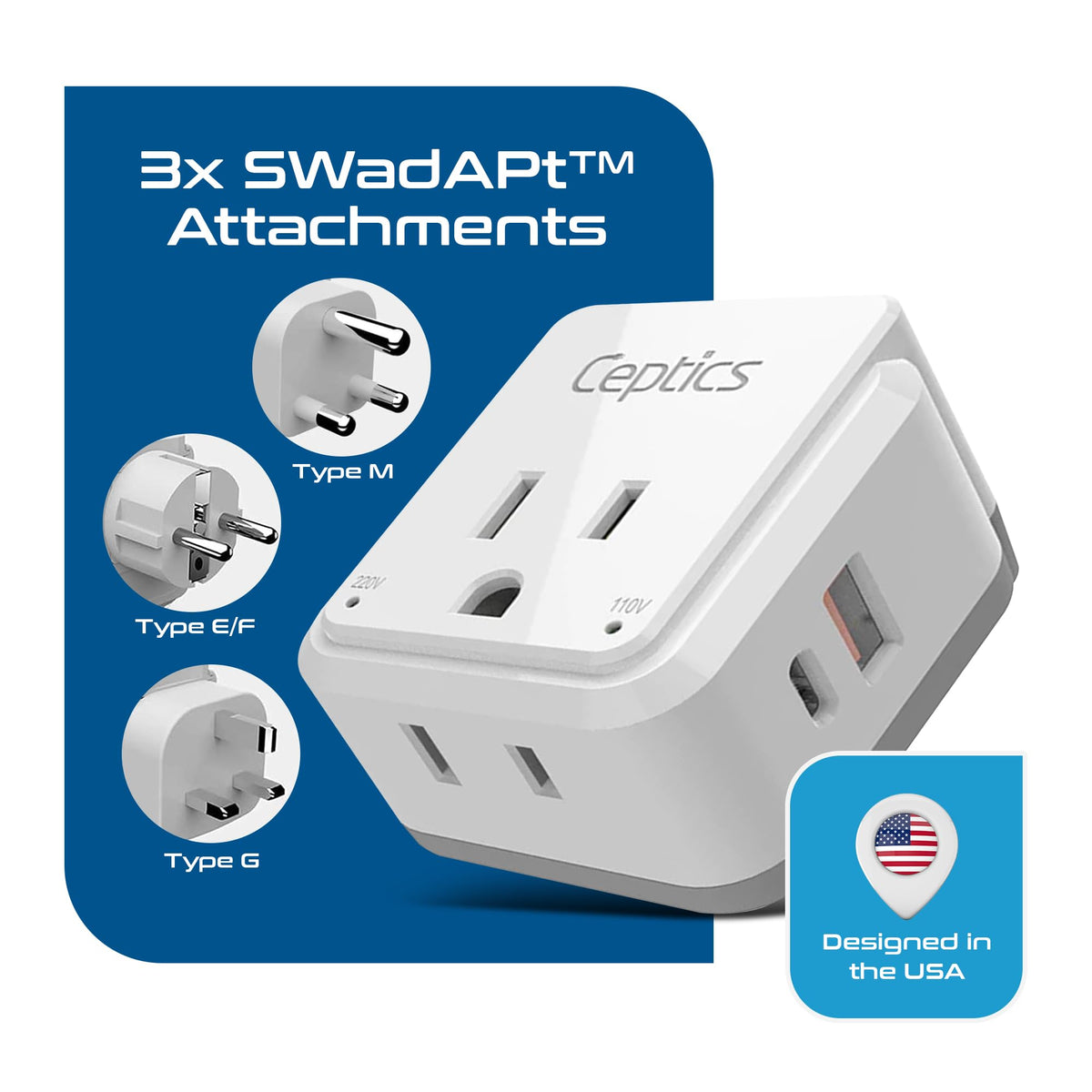 Ceptics USB-C port on travel adapter for fast charging on the go.