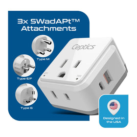 Ceptics USB-C port on travel adapter for fast charging on the go.