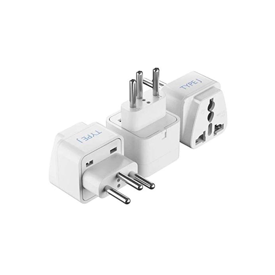 Ceptics front view of Type J adapter showing three-prong Swiss plug and compact design for travel