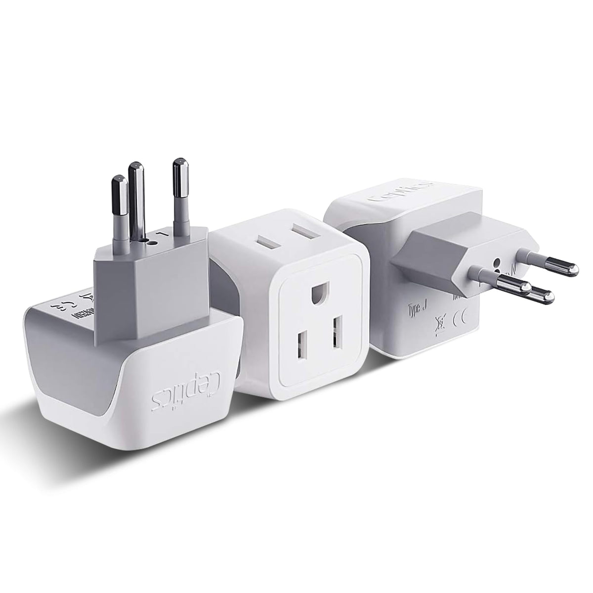 Ceptics CT-11A compact travel adapter for Swiss travel with USA plugs.