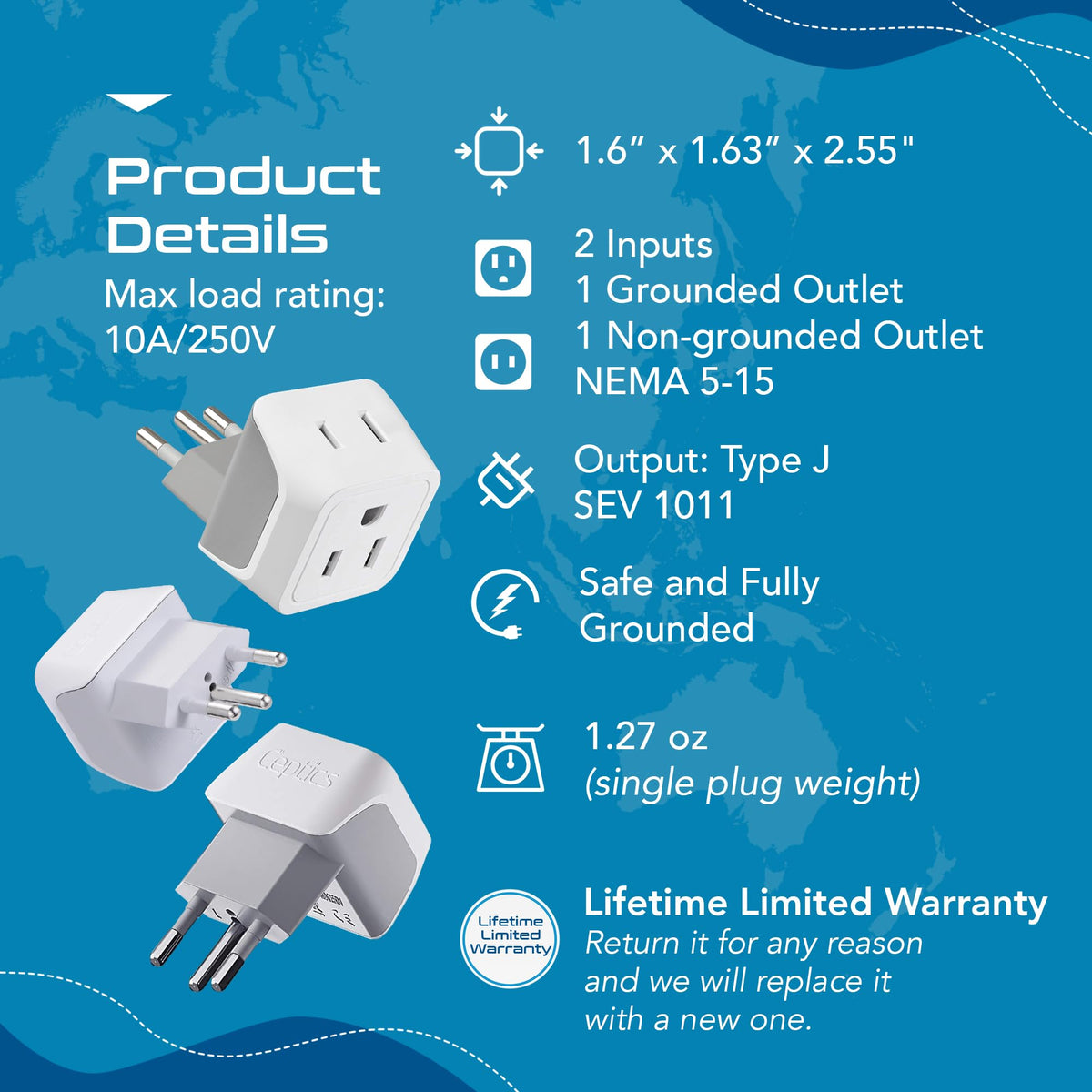 Ceptics CT-11A safe-grounded adapter supports reliable charging for phones.