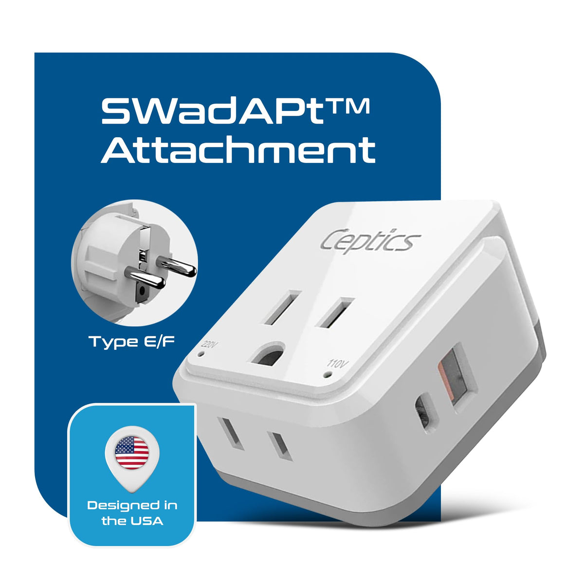 Ceptics 20W PD quick-charge USB-C port on travel adapter.