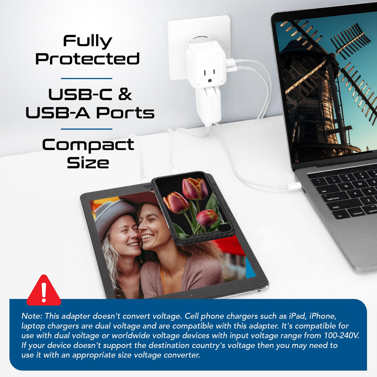 Ceptics compact travel size adapter fits easily in luggage.