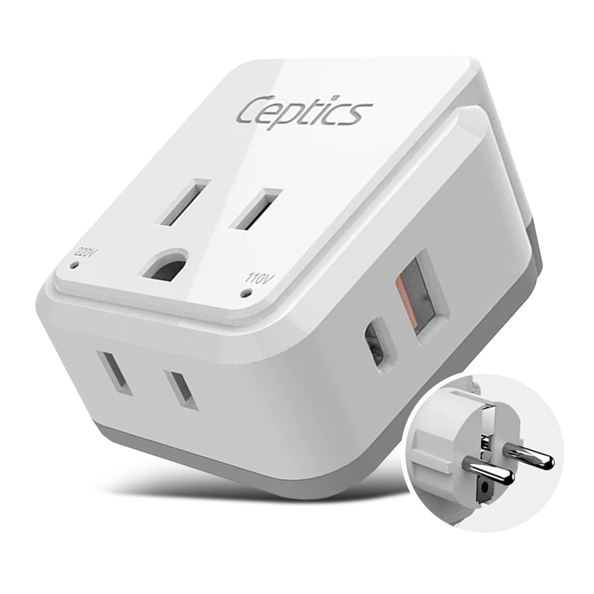 Ceptics travel adapter with SWADAPT EU attachments for European outlets.