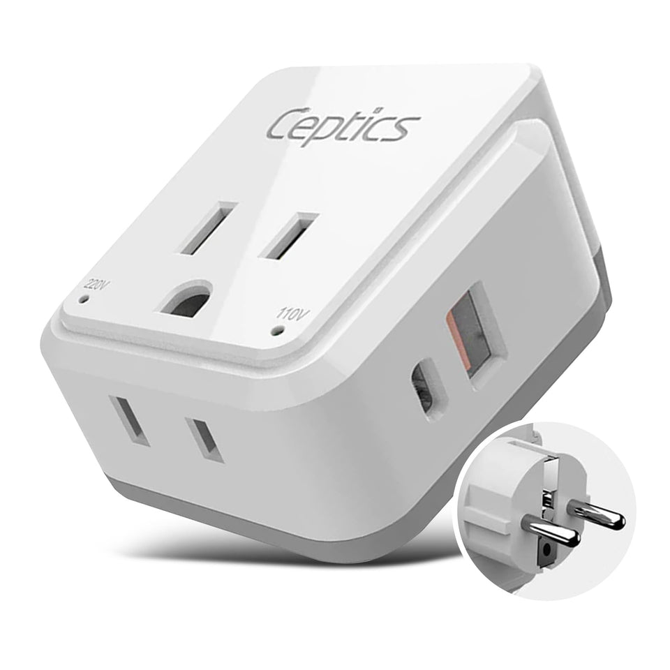 Ceptics travel adapter with SWADAPT EU attachments for European outlets.