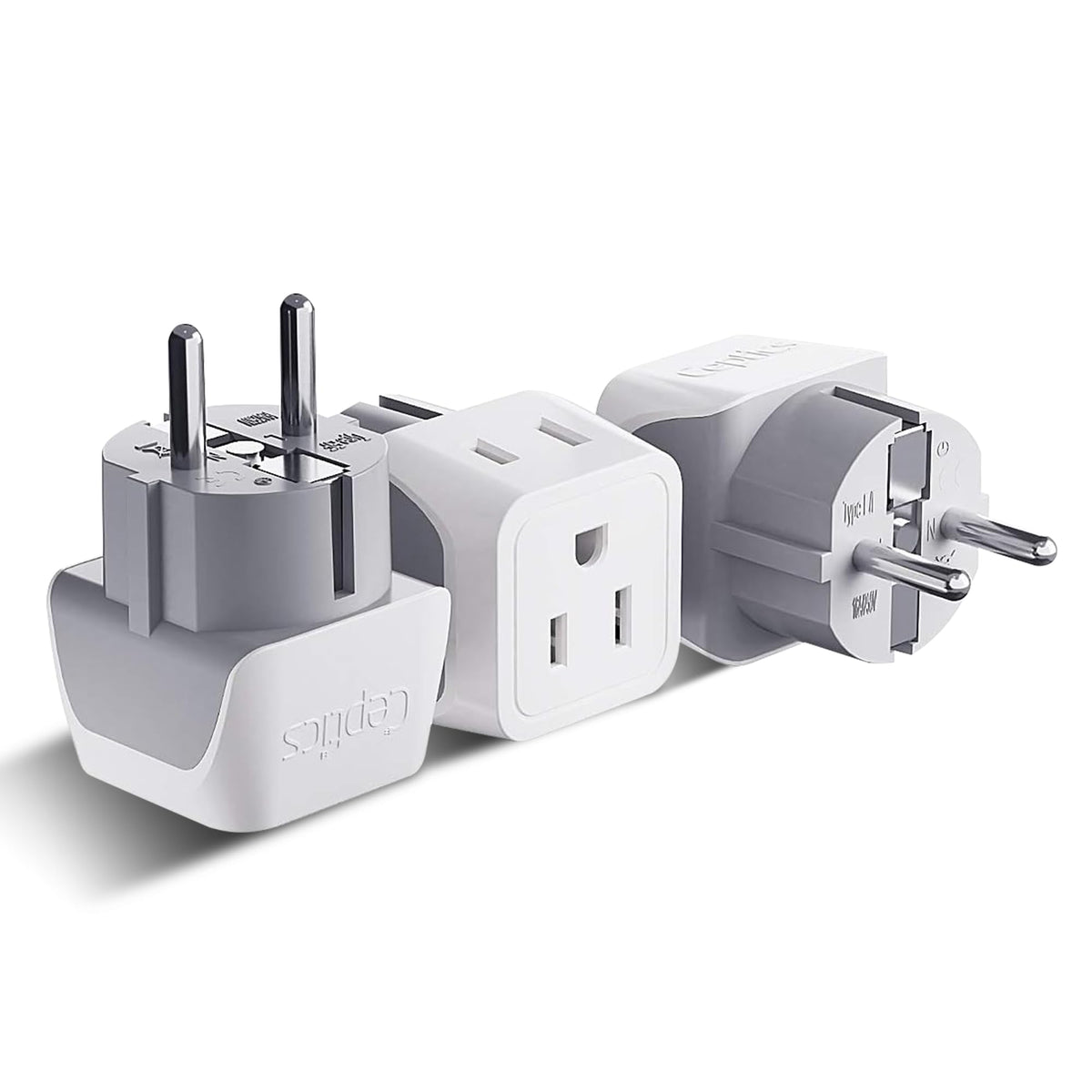 Ceptics travel adapter Type E/F front view, compact for easy packing.
