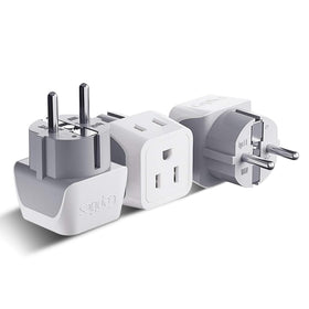 Ceptics travel adapter Type E/F front view, compact for easy packing.