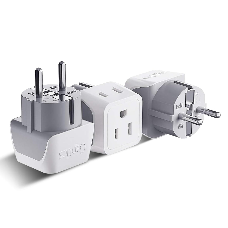 Ceptics travel adapter Type E/F front view, compact for easy packing.