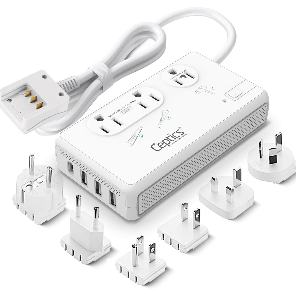 Ceptics travel voltage converter used for hair dryer in 220V regions.