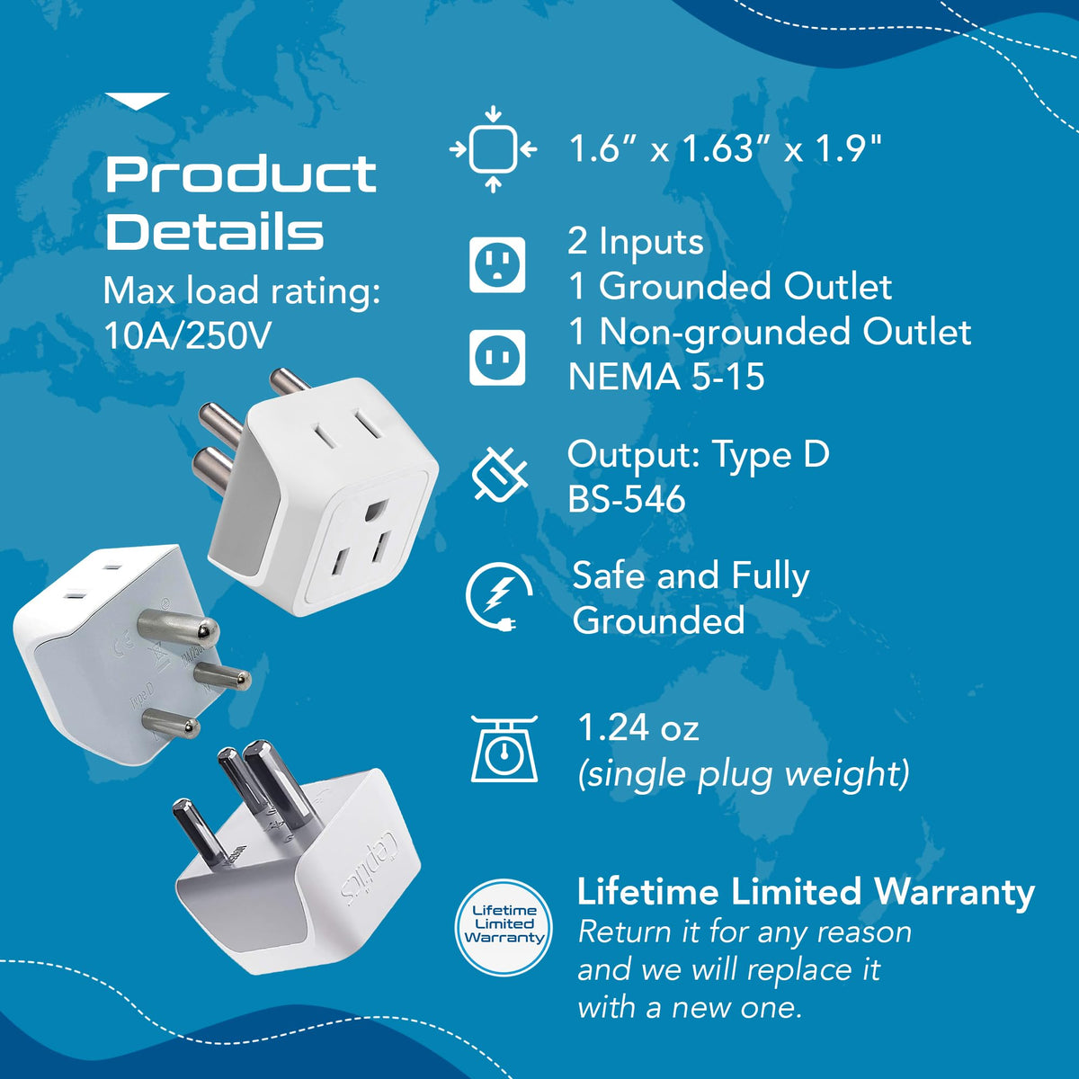 Ceptics Type-D India power adapter supports cross-border use.