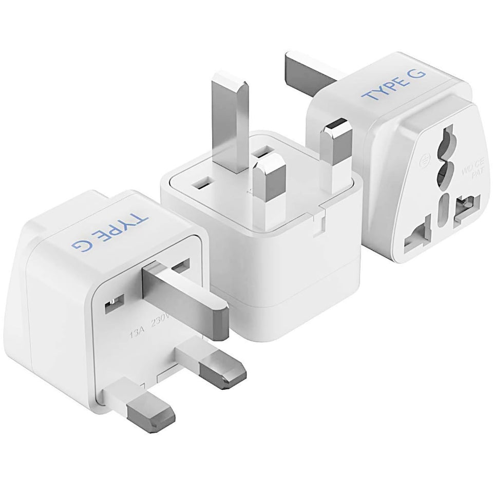 Ceptics front view of Type G adapter showing plug face and compact design benefit