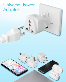 Ceptics adapter plugged into hotel outlet powering charger demonstrating travel readiness benefit