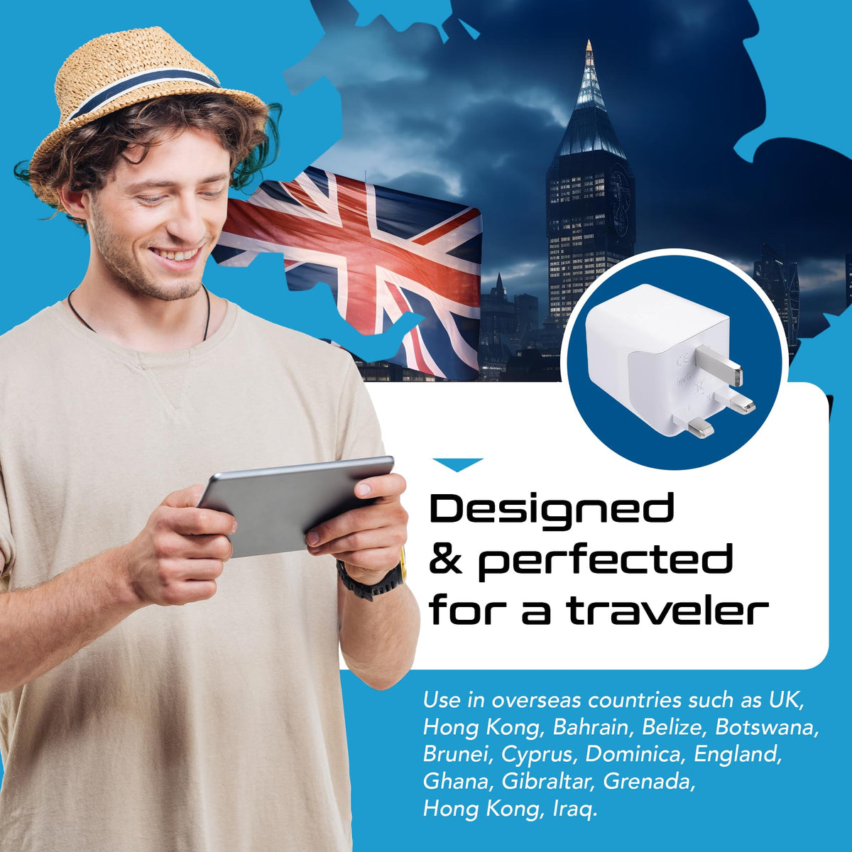 Ceptics UK adapter showing USB ports and travel readiness