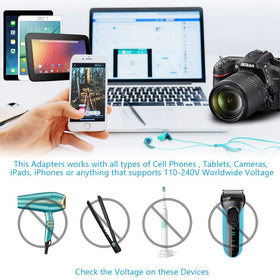 Ceptics adapter plugged into hotel outlet charging multiple devices for travel efficiency