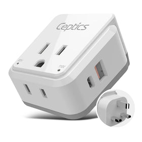 Ceptics adapter front view showing dual US sockets and compact design for travel convenience