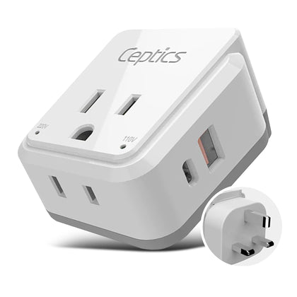 Ceptics adapter front view showing dual US sockets and compact design for travel convenience