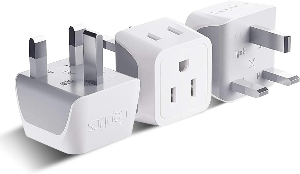 Ceptics UK travel plug adapter 2in1 front view shows compact dual-input design for travel electronics.