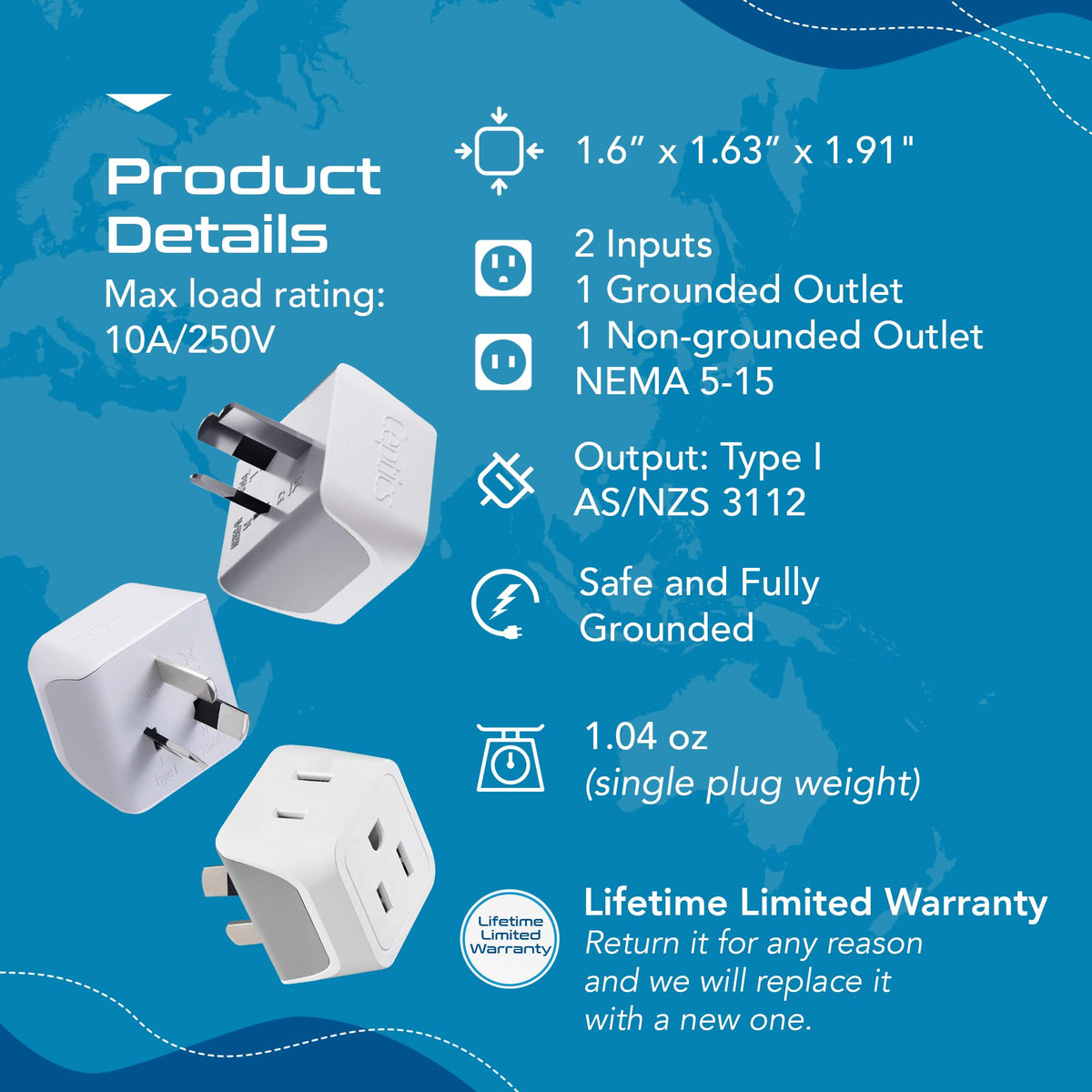 Ceptics ultra-compact Australia plug adapter for light luggage and quick setup.