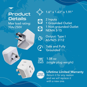 Ceptics ultra-compact Australia plug adapter for light luggage and quick setup.