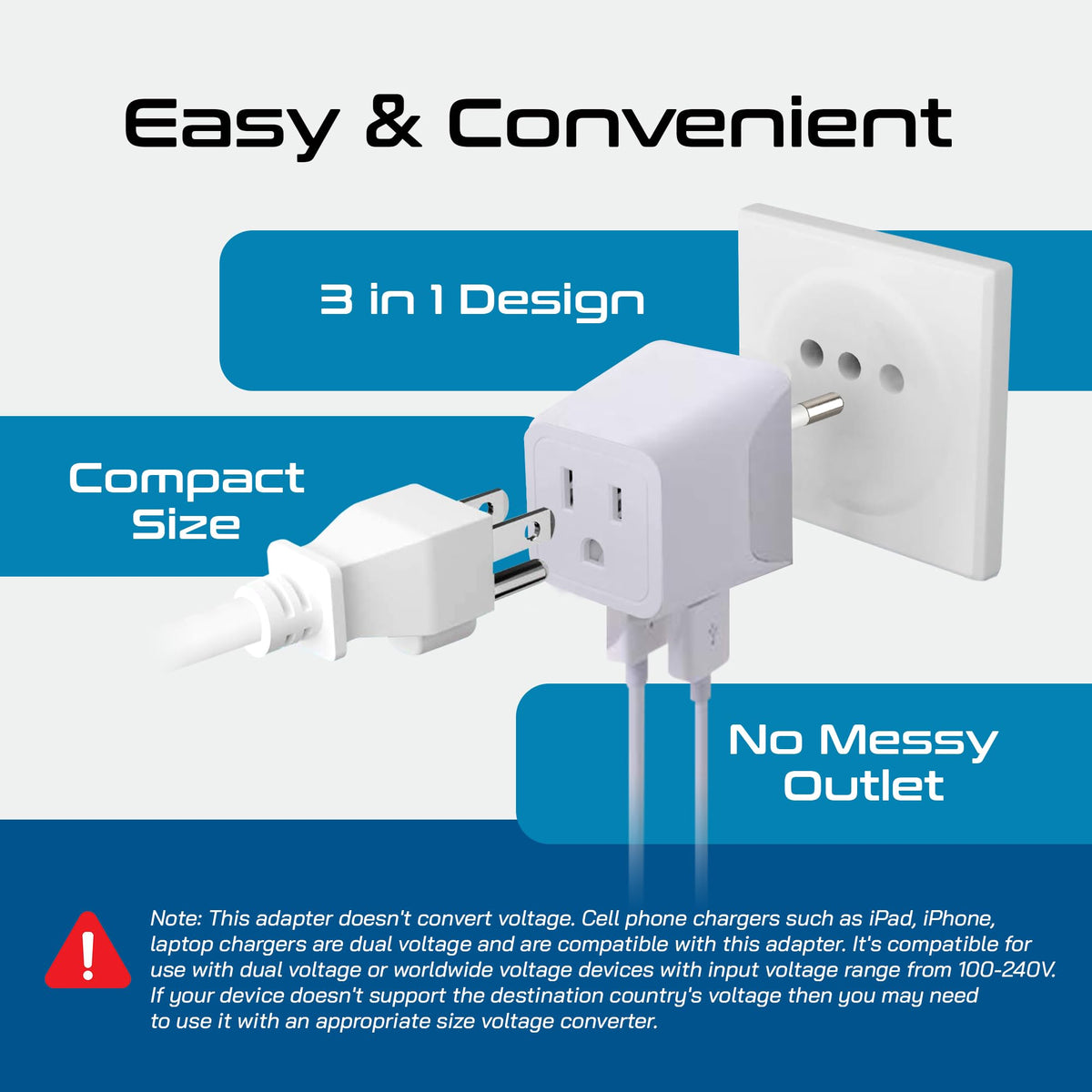 Ceptics ultra compact travel adapter fits in small pockets for on the go.