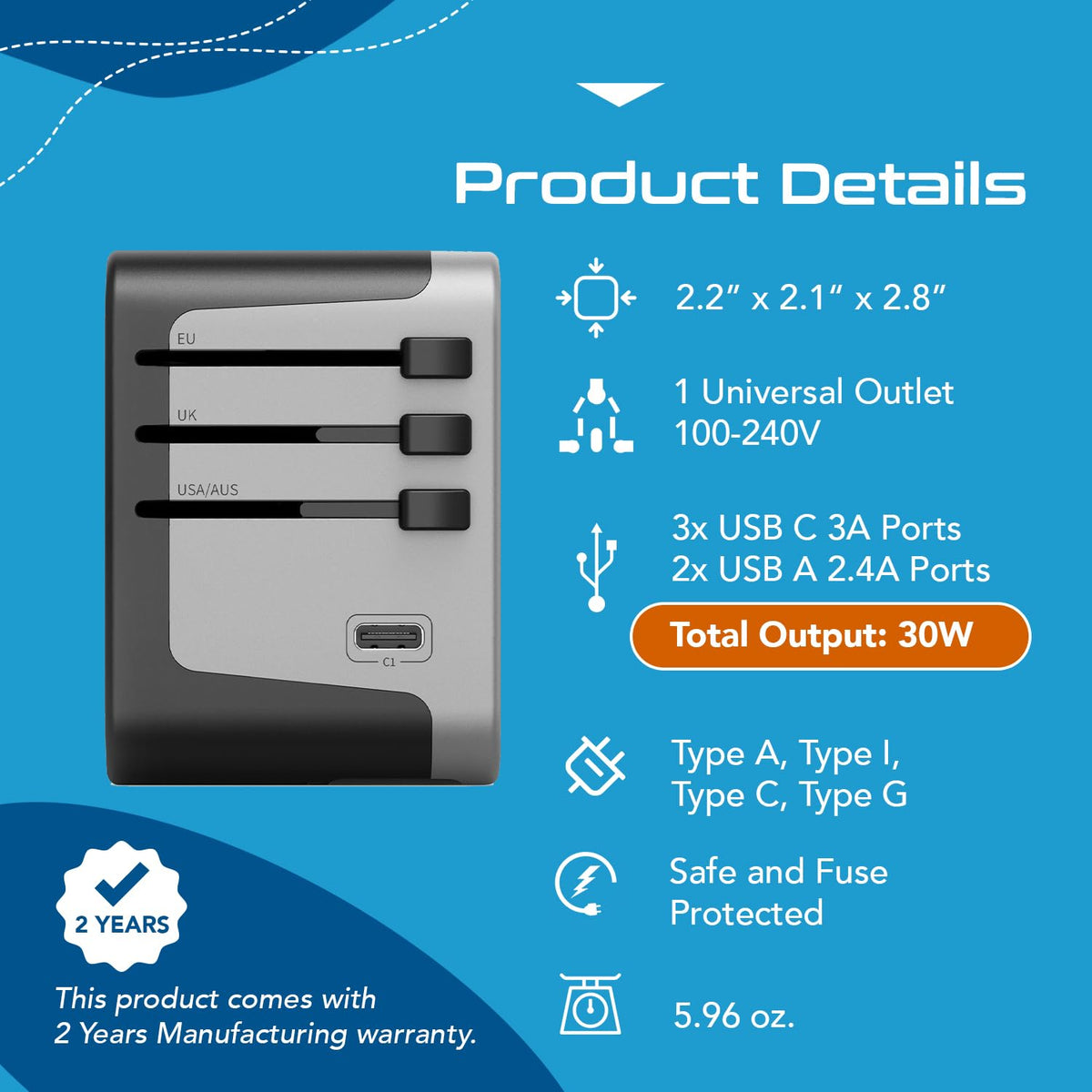 Ceptics universal outlet accepts multiple plug types worldwide