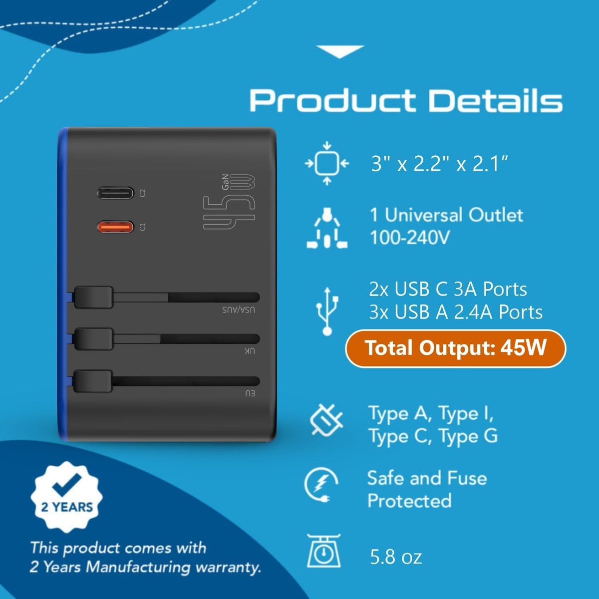 45W charging power supports phones, tablets, and laptops on the road.